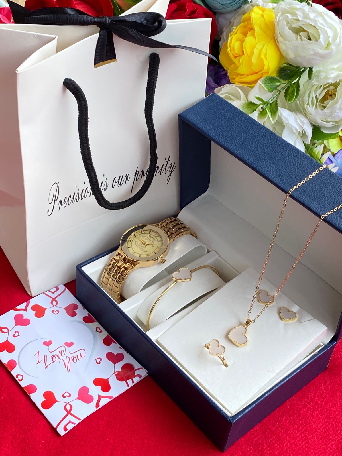 5 IN 1 LADIES SET WITH WATCH,NECKLACE,EARRINGS,BRACELET &RING