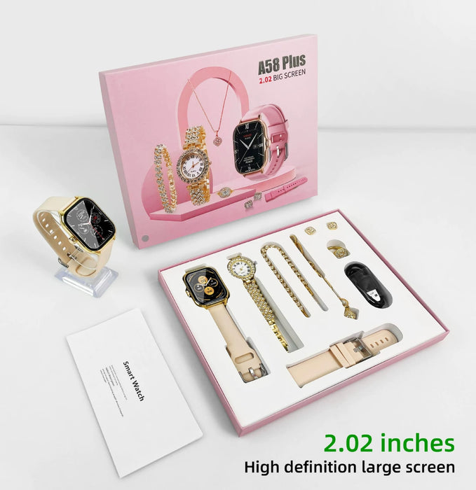 A58 Plus 2024 Women's Luxury Gold Watch Unique Gift Set Women's Gold Necklace Ring Double Band Women's Smart Watch A58 PLUS A58