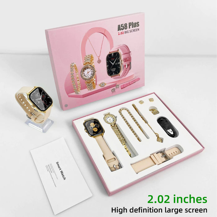 A58 Plus 2024 Women's Luxury Gold Watch Unique Gift Set Women's Gold Necklace Ring Double Band Women's Smart Watch A58 PLUS A58