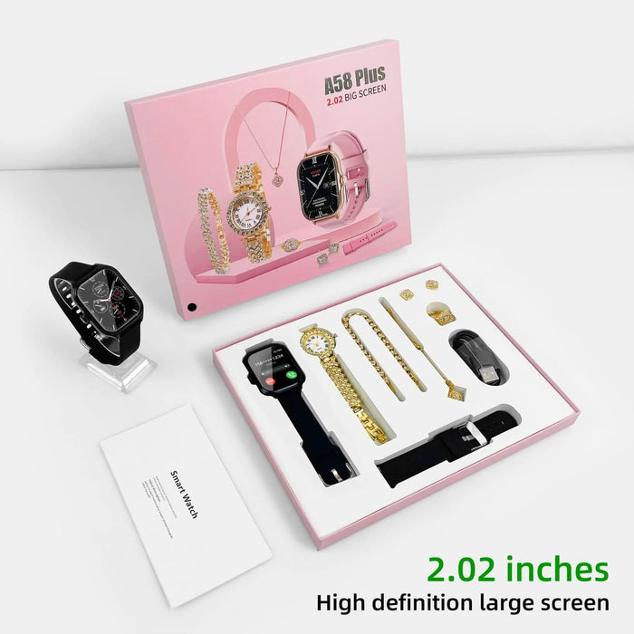 A58 Plus 2024 Women's Luxury Gold Watch Unique Gift Set Women's Gold Necklace Ring Double Band Women's Smart Watch A58 PLUS A58