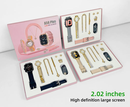 A58 Plus 2024 Women's Luxury Gold Watch Unique Gift Set Women's Gold Necklace Ring Double Band Women's Smart Watch A58 PLUS A58