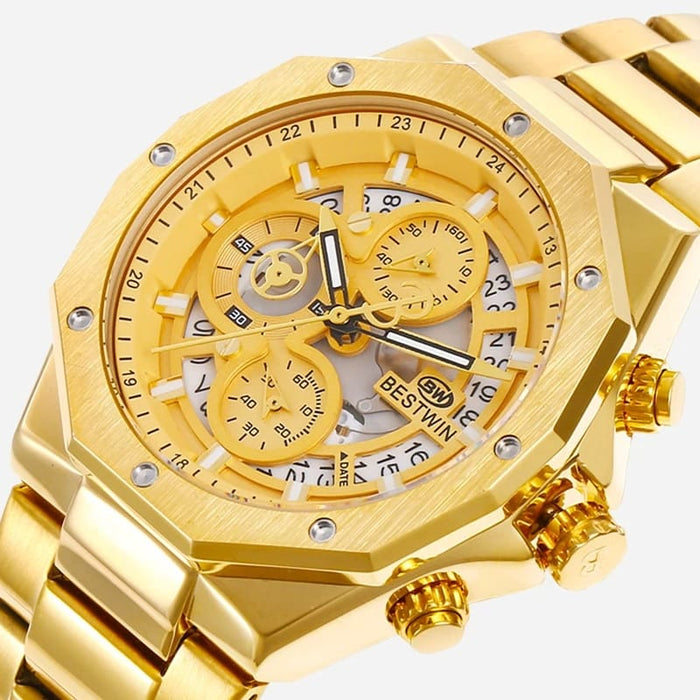 BESTWIN Stainless Steel Chronograph Gold Men Quartz Watche